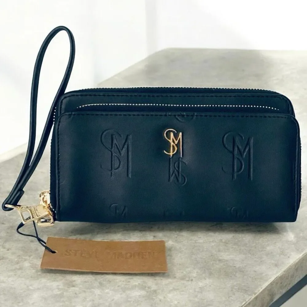 NWT Steve Madden Gorgeous BBENNI Black & Gold Zip All Around Wristlet Wallet